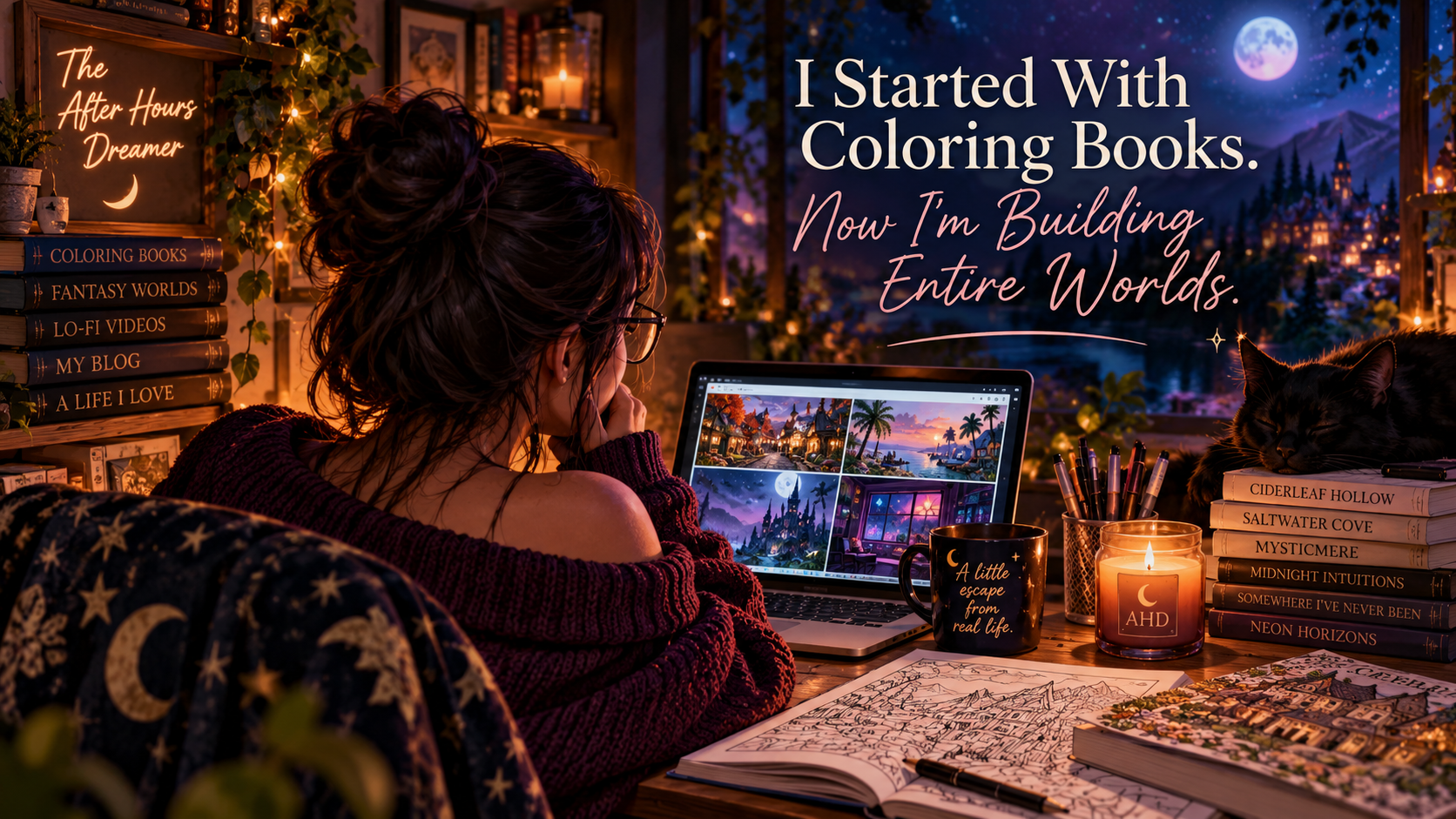 A woman creating fantasy worlds at her laptop after hours, surrounded by coloring books, magical landscapes, and a black cat.