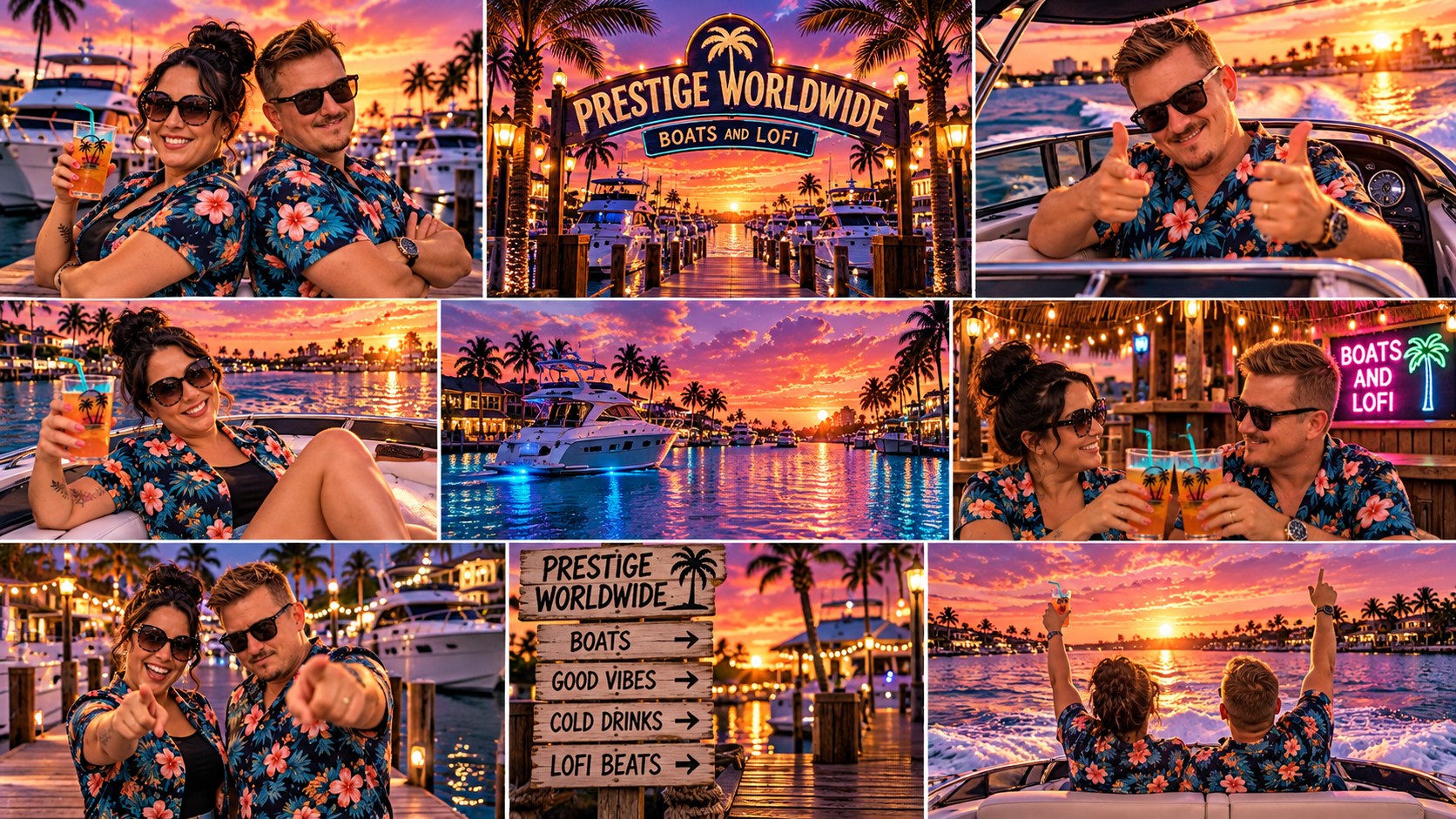 Collage of AI-generated tropical marina scenes featuring two cousins in matching Hawaiian shirts, yachts, palm trees, and colorful Florida sunsets.